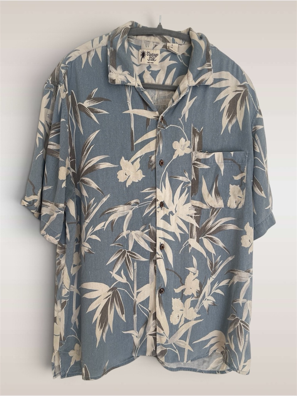 Vintage Silk 100% Silk Hawaiian Shirt Blue Tropical Aloha Men’s L